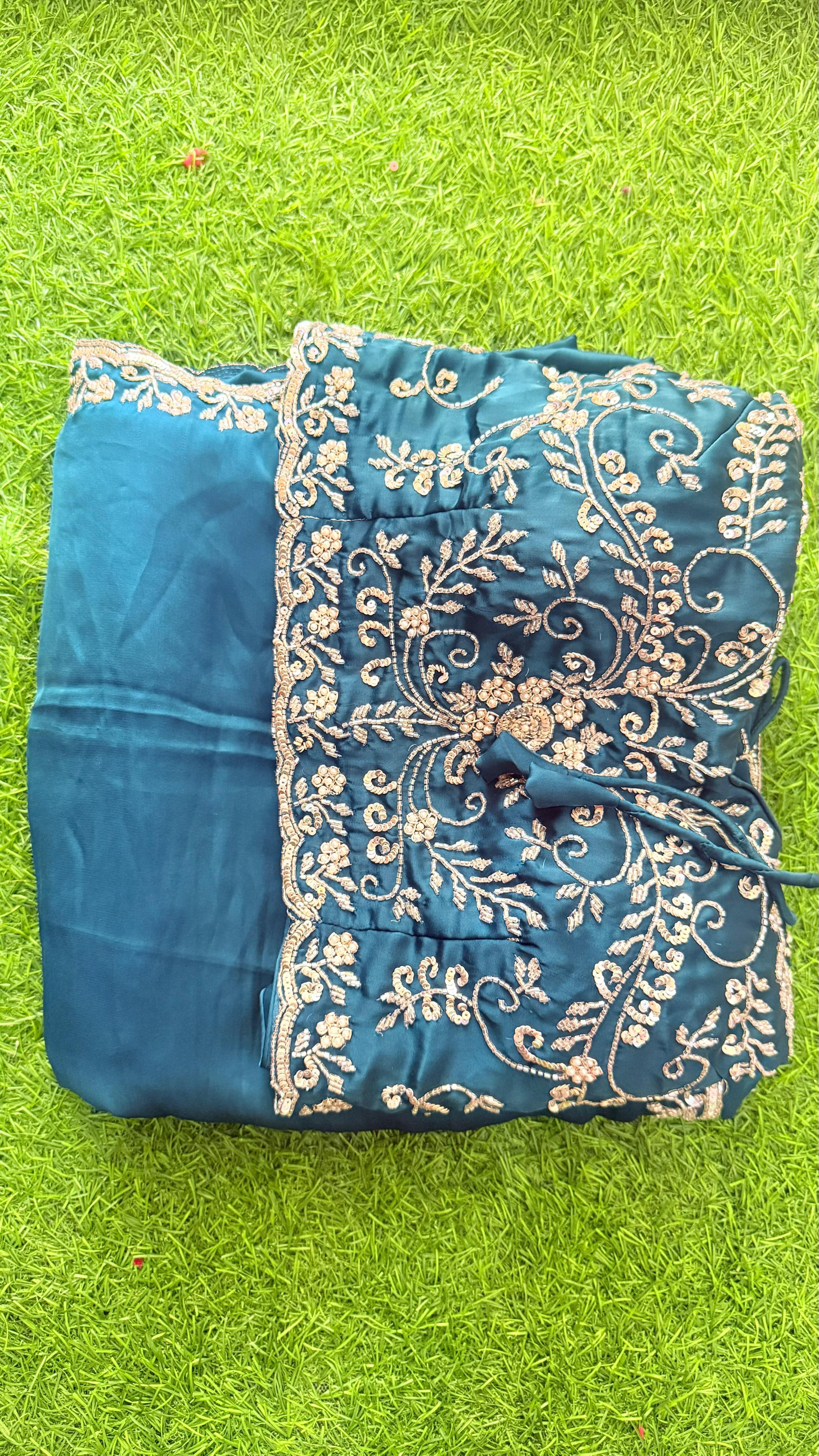 Luxurious SATIN Saree with Exquisite Cutglass and Pearl Handwork SATIN Saree with Fully Stitched Blouse
